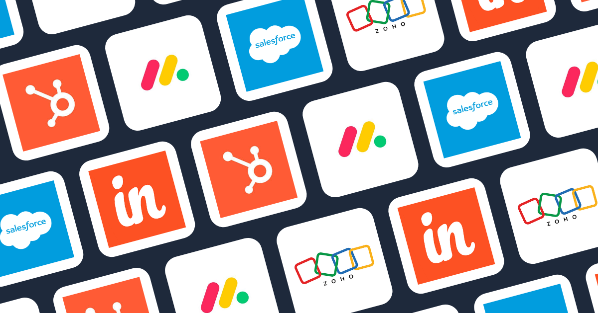 A grid of CRM platform logos including Salesforce, HubSpot, and Zoho.